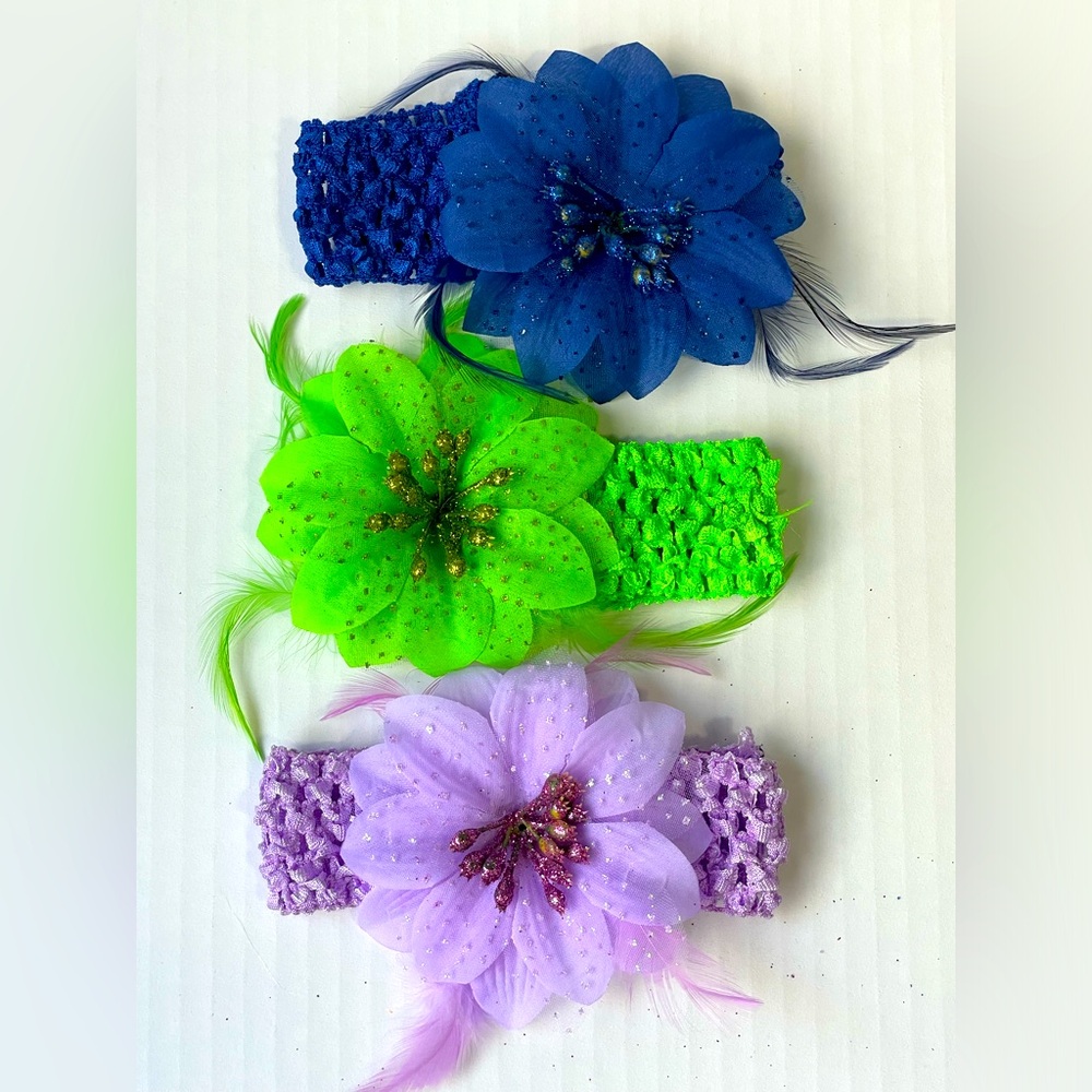 Set of 3 Stretchy Toddler Kids Headbands Floral Glitter Feather